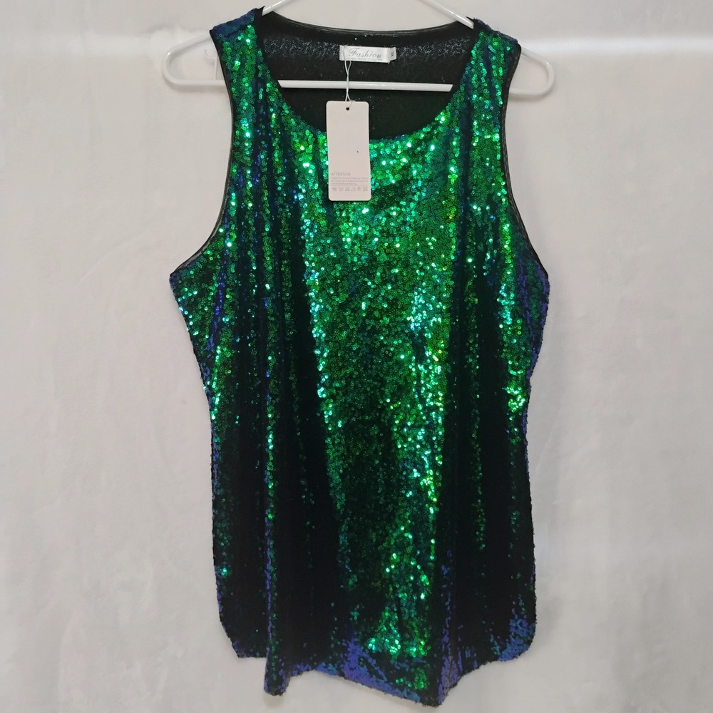 Fashion Green Blue Sequin Tank Top Sleeveless Party Blouse XL NWT Mermaid W